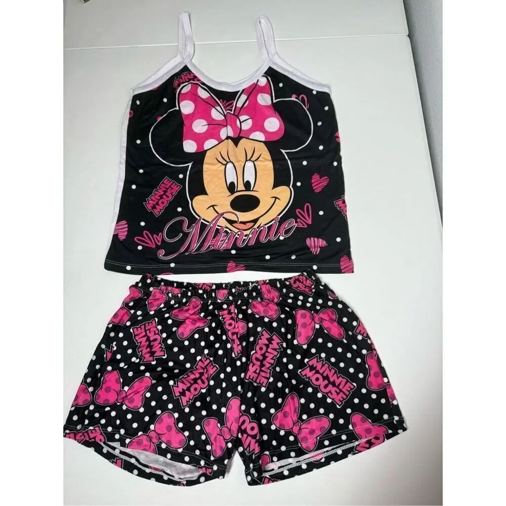 Girl's Minnie Mouse Pajama Tank Top/Shorts Set Sz XL See Description Black Pink